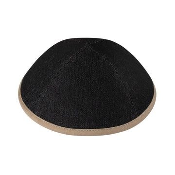 Front view of iKippah black denim kippah with tan twill rim and four-panel construction