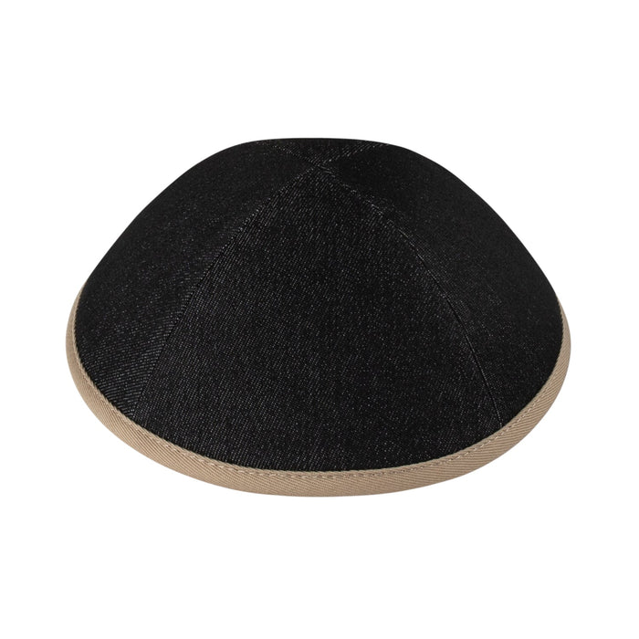 Front view of iKippah black denim kippah with tan twill rim and four-panel construction