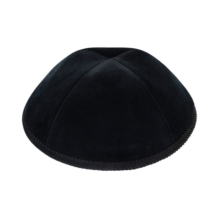Front view of iKippah black velvet kippah with tonal black corduroy rim and four-panel construction
