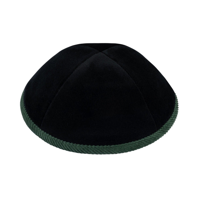 Front view of iKippah black velvet kippah with forest-green corduroy rim and four-panel construction