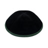 Front view of iKippah black velvet kippah with forest-green corduroy rim and four-panel construction