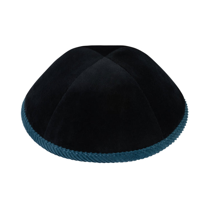 Front view of iKippah black velvet kippah with ocean-blue corduroy rim and four-panel construction