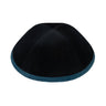 Front view of iKippah black velvet kippah with ocean-blue corduroy rim and four-panel construction