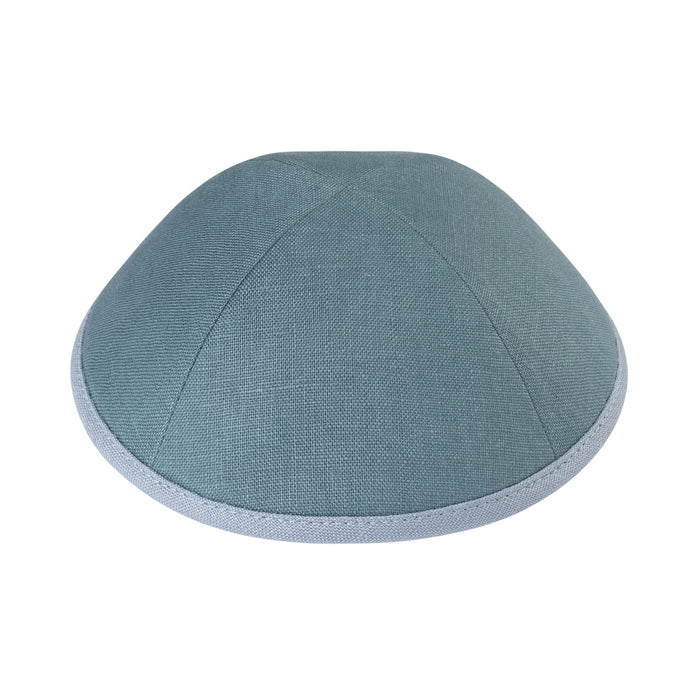 Front view of iKippah blue-gray linen kippah with powder-blue rim and four-panel construction