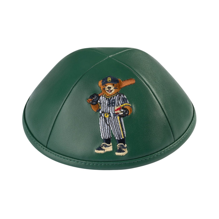 Front view of iKippah hunter-green faux-leather kippah with embroidered Dov Bear baseball design