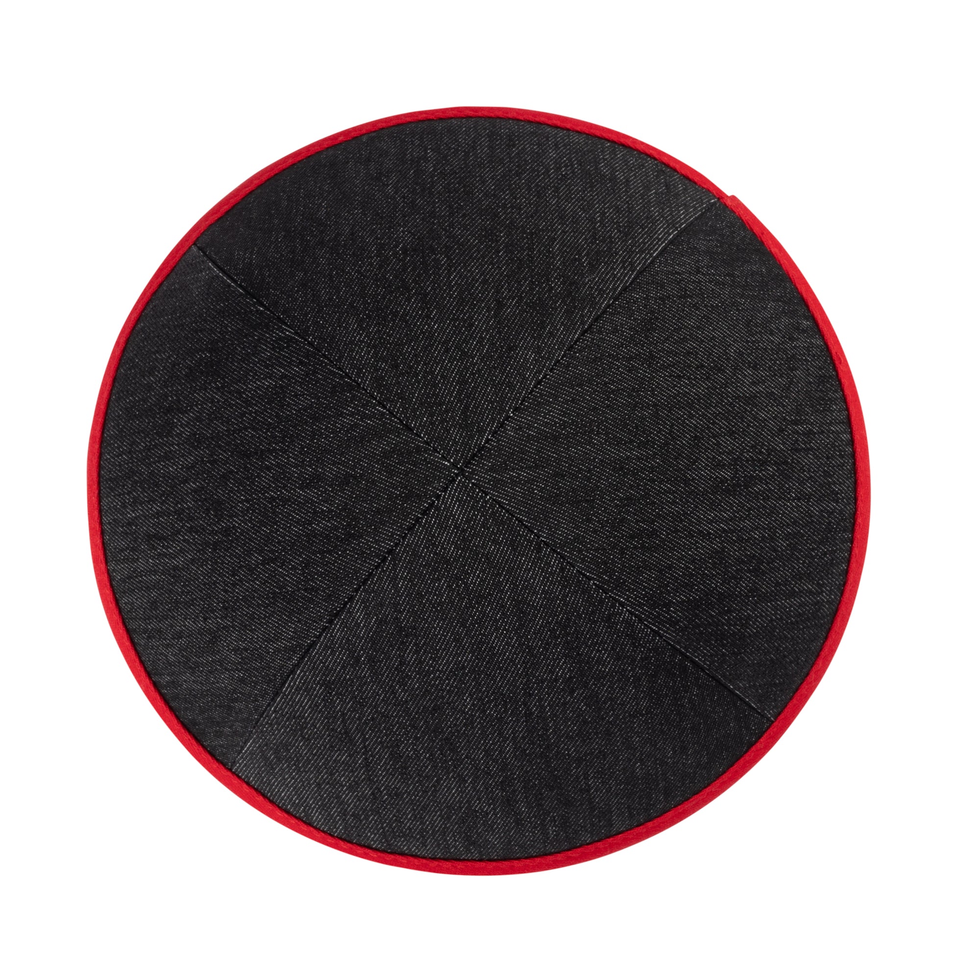 Red Denim Kippah - showing rim trim, six-panel construction
