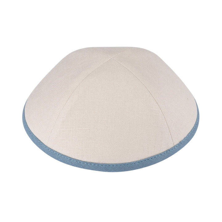Mid Beige Linen Kippah – Blue Gray Rim Yarmulke