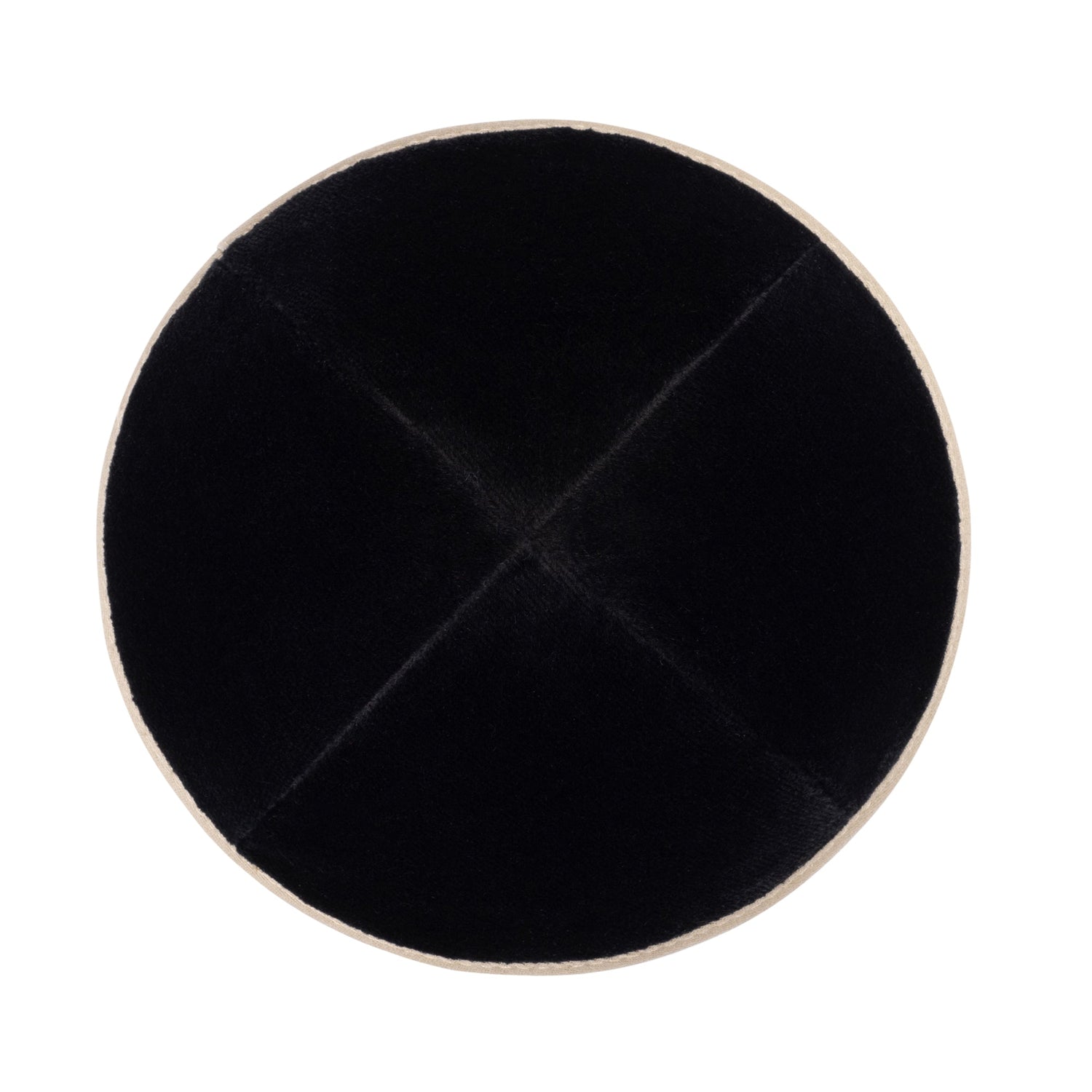 Tan Velvet Kippah - showing rim trim, six-panel construction