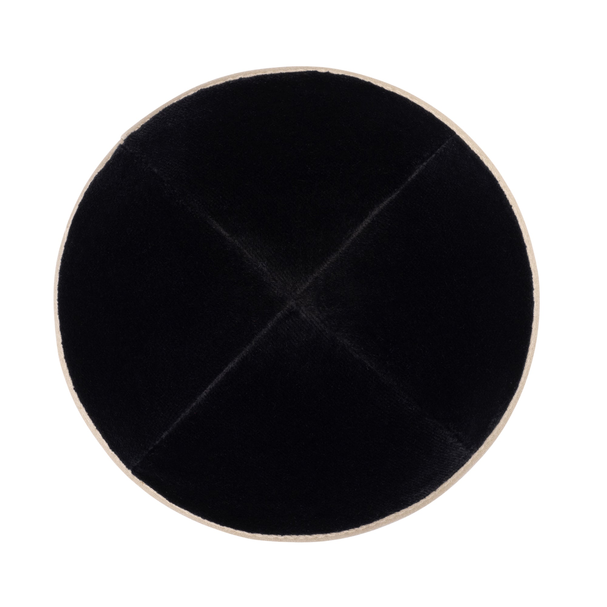 Tan Velvet Kippah - showing rim trim, six-panel construction