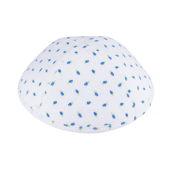 Blue rosebud kippah — dainty blue rosebuds on white cotton | Judaica Square Lakewood