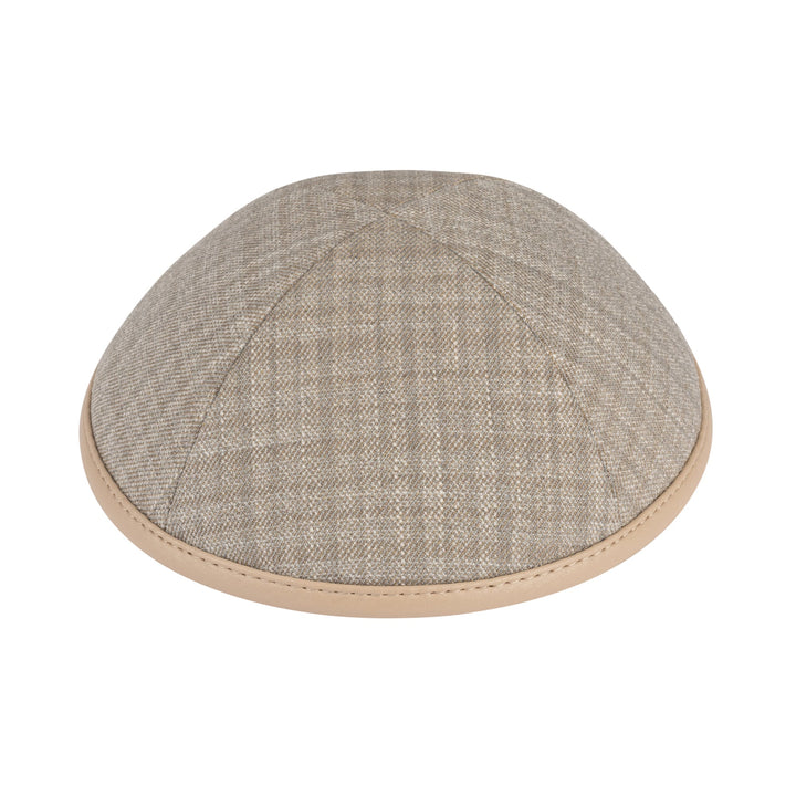 Plaid Kippah – Tan Leather Taupe Leather Rim Yarmulke