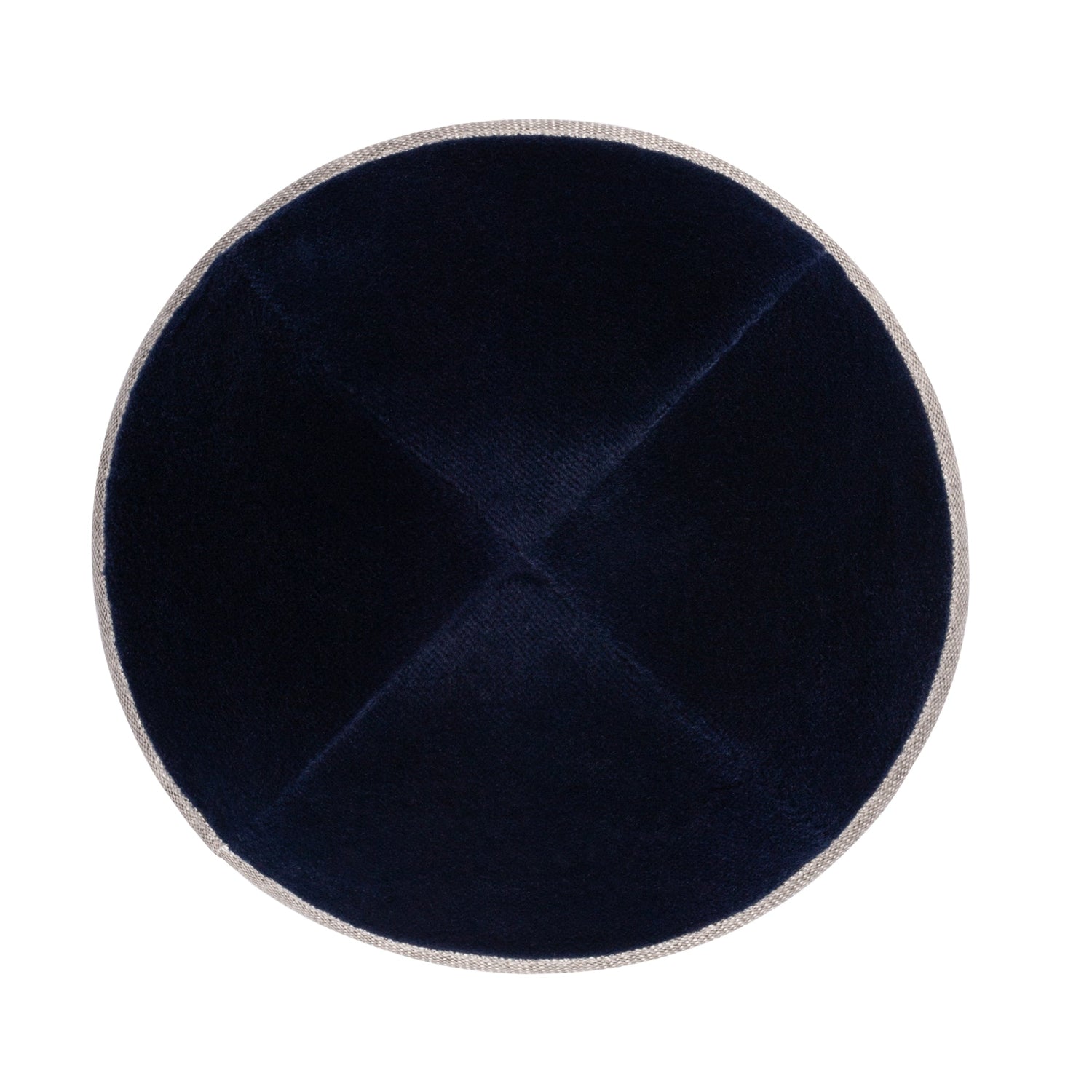 Navy Velvet Kippah - showing rim trim, six-panel construction