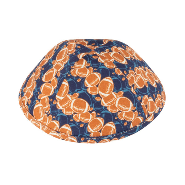 Boys football kippah — orange footballs on navy cotton | Judaica Square Lakewood