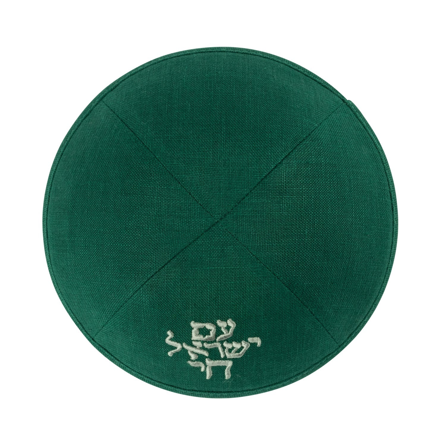 Green Linen Kippah - showing Israeli flag accent, six-panel construction