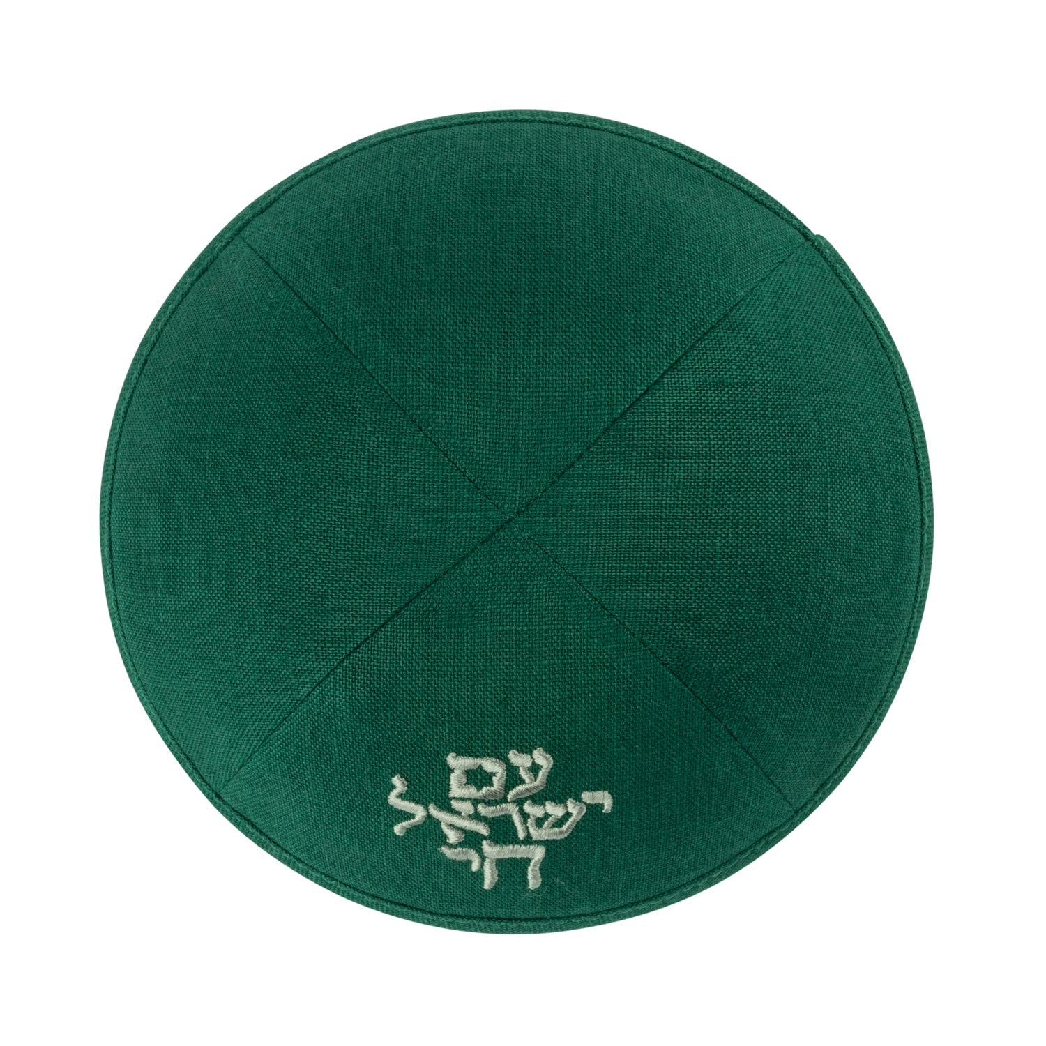 Green Linen Kippah - showing Israeli flag accent, six-panel construction