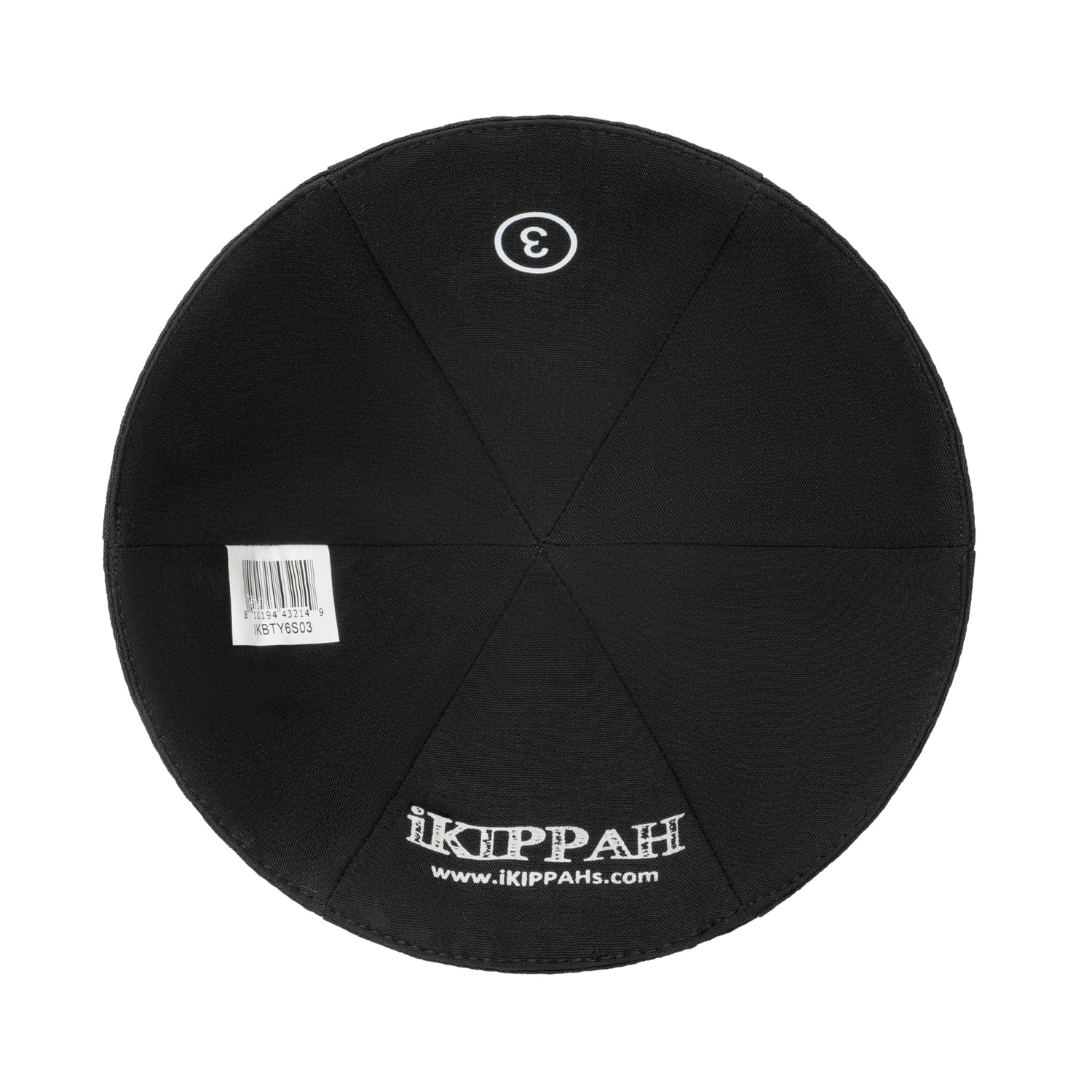 Black Terylene Kippah - showing embroidery, six-panel construction