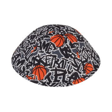 Boys basketball kippah — orange basketballs on black graffiti-print cotton | Judaica Square Lakewood