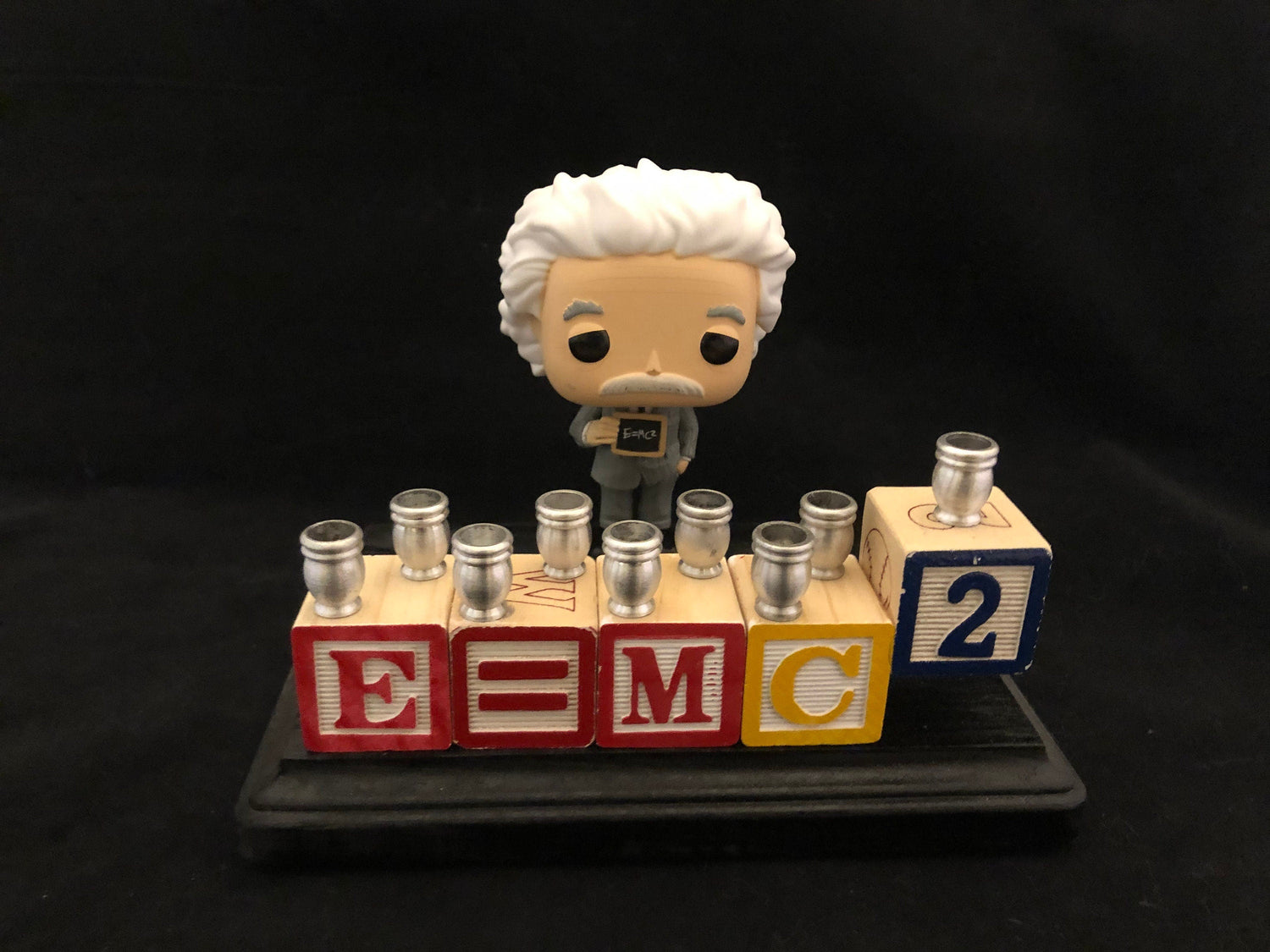 Albert Einstein menorah — collector Einstein figure with wooden alphabet blocks | Judaica Square Lakewood (view 2)