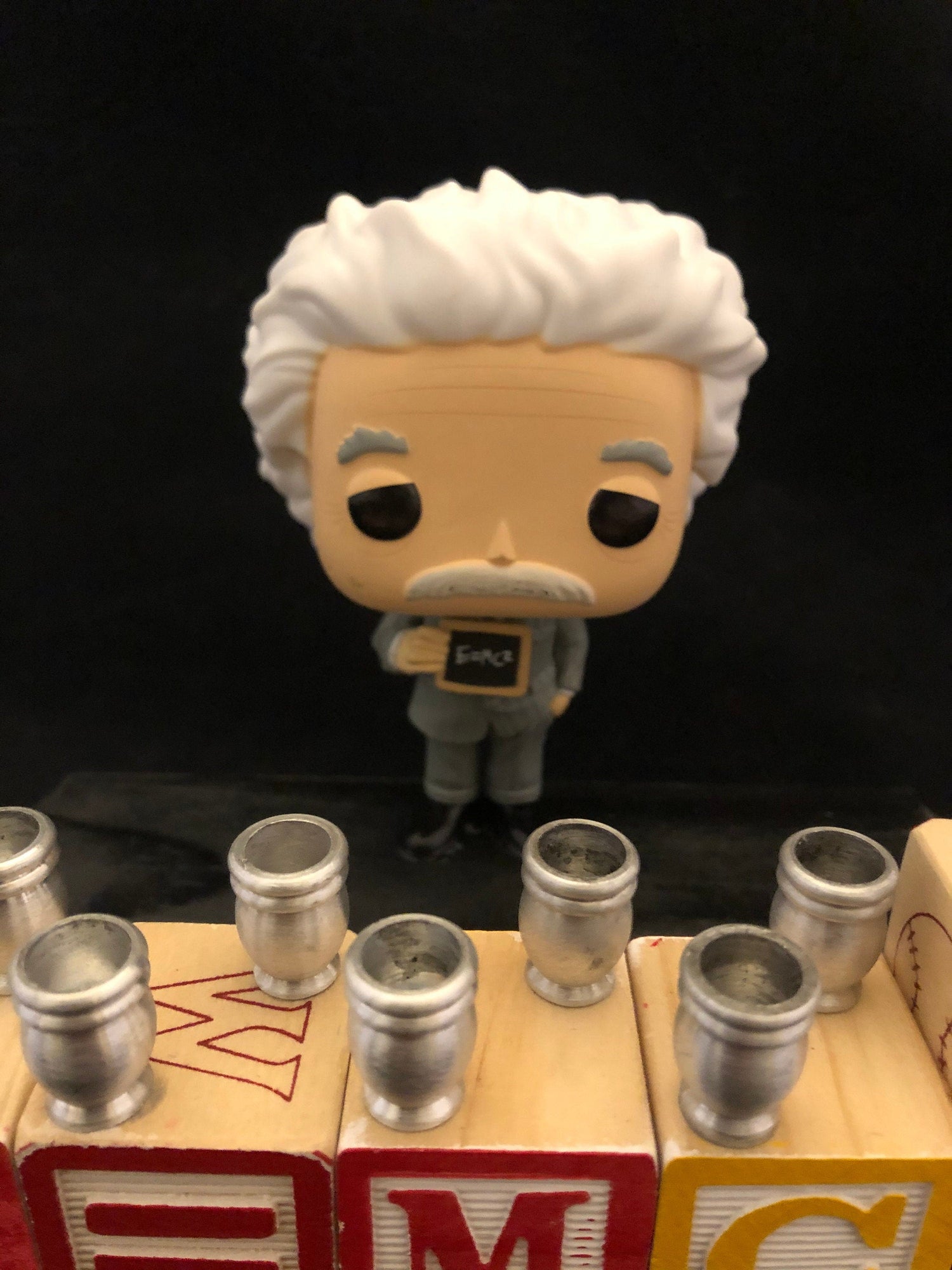 Albert Einstein menorah — collector Einstein figure with wooden alphabet blocks | Judaica Square Lakewood (view 5)