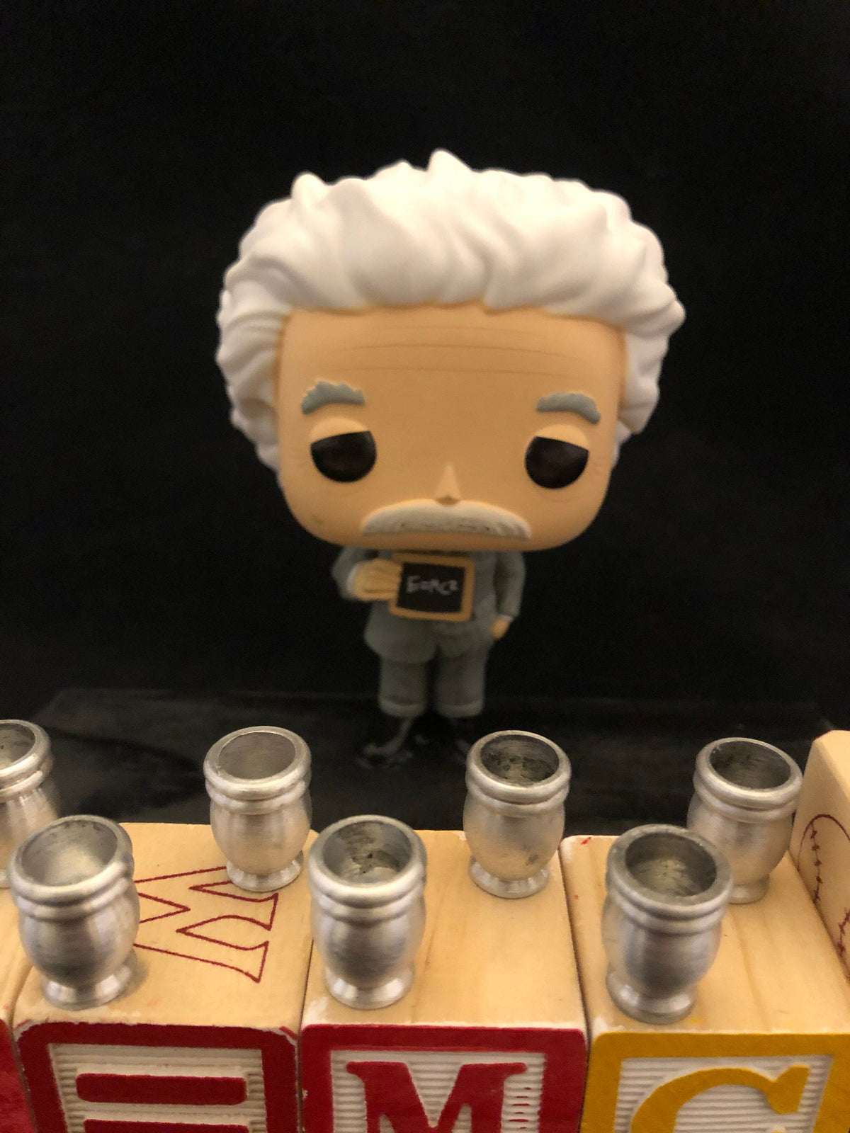 Albert Einstein menorah — collector Einstein figure with wooden alphabet blocks | Judaica Square Lakewood (view 5)