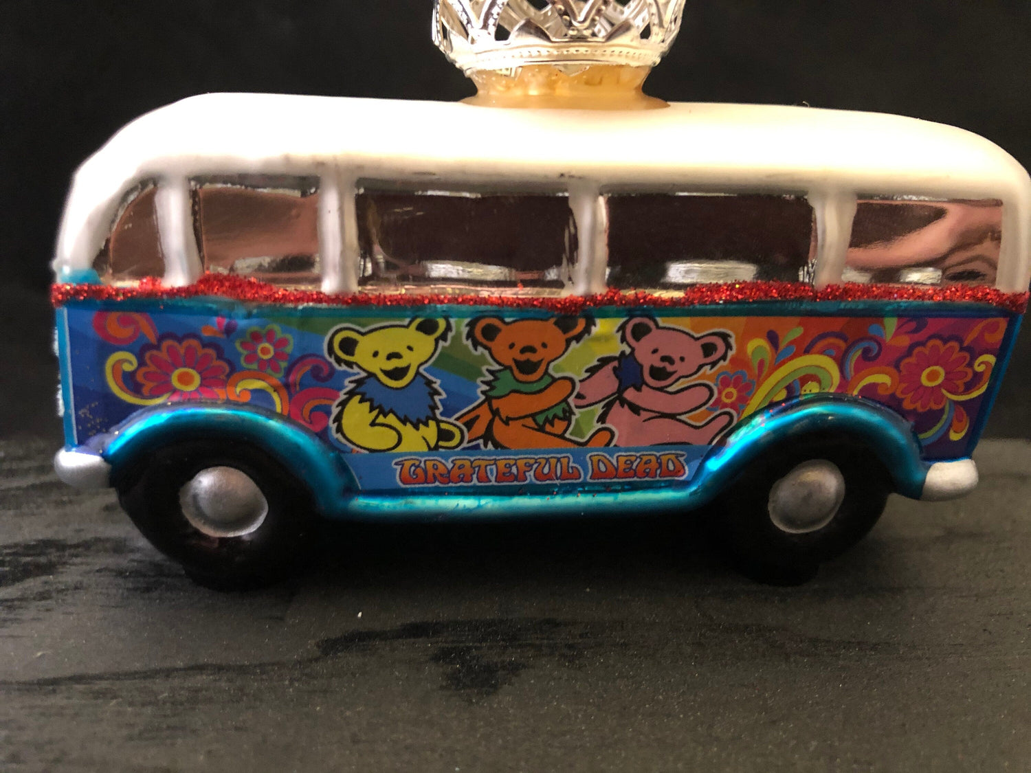 Grateful Dead Bus Menorah — glass hippie bus on a faux marble plaque | Judaica Square Lakewood (view 4)