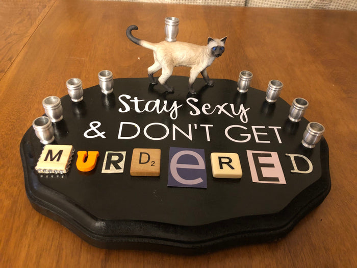 My Favorite Murder podcast menorah — collage plaque with cat shamash and aluminum cups | Judaica Square Lakewood