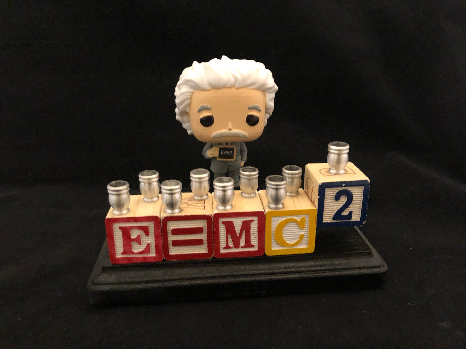 Albert Einstein menorah — collector Einstein figure with wooden alphabet blocks | Judaica Square Lakewood (view 3)