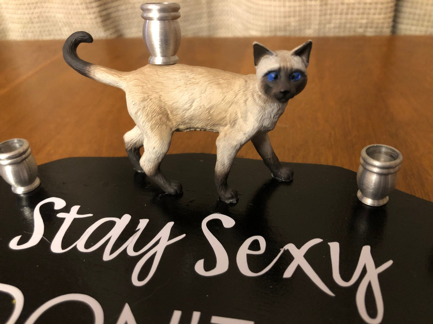 My Favorite Murder podcast menorah — collage plaque with cat shamash and aluminum cups | Judaica Square Lakewood (view 3)