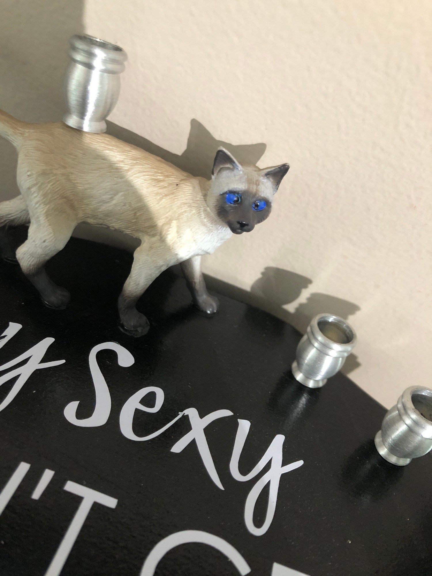 My Favorite Murder podcast menorah — collage plaque with cat shamash and aluminum cups | Judaica Square Lakewood (view 4)