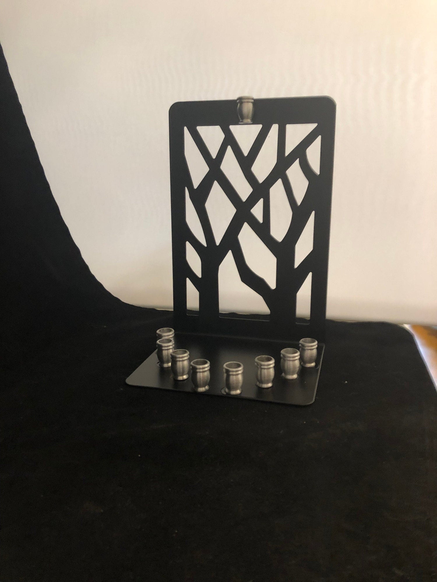 Tree Menorah — repurposed metal tree bookend with aluminum candle cups | Judaica Square Lakewood (view 4)