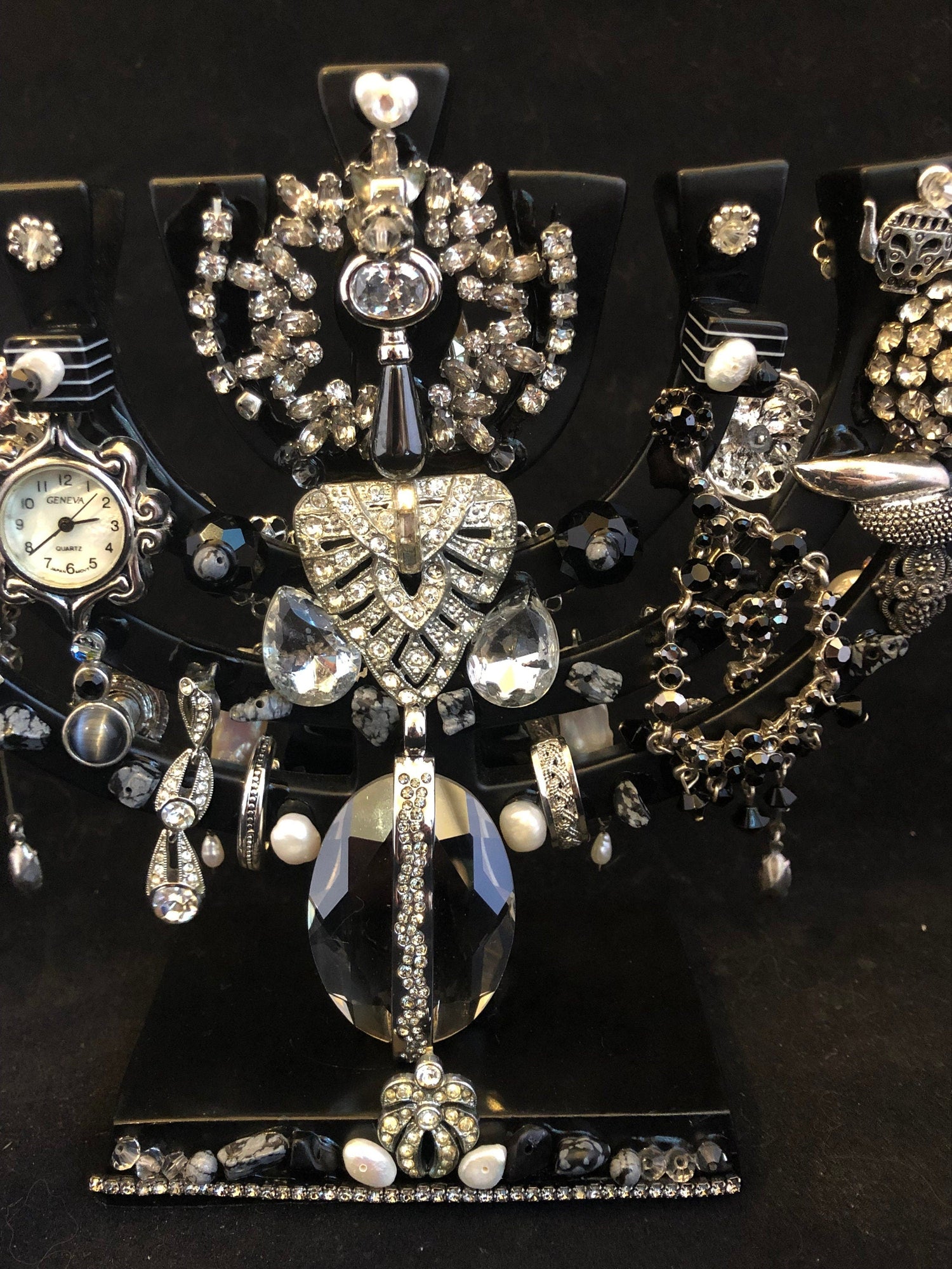 Vintage Bling menorah — brass figures covered in rhinestones and repurposed jewelry | Judaica Square Lakewood (view 3)