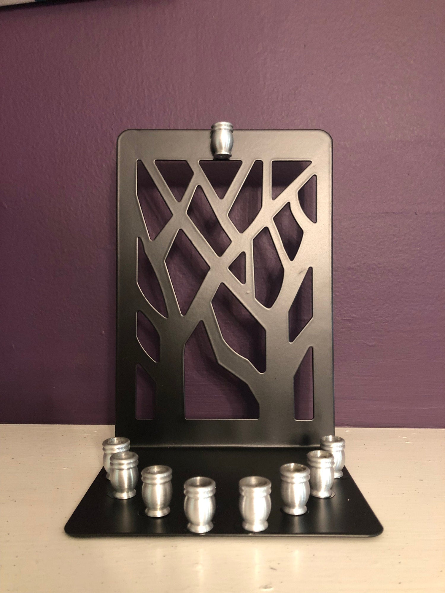 Tree Menorah — repurposed metal tree bookend with aluminum candle cups | Judaica Square Lakewood (view 2)