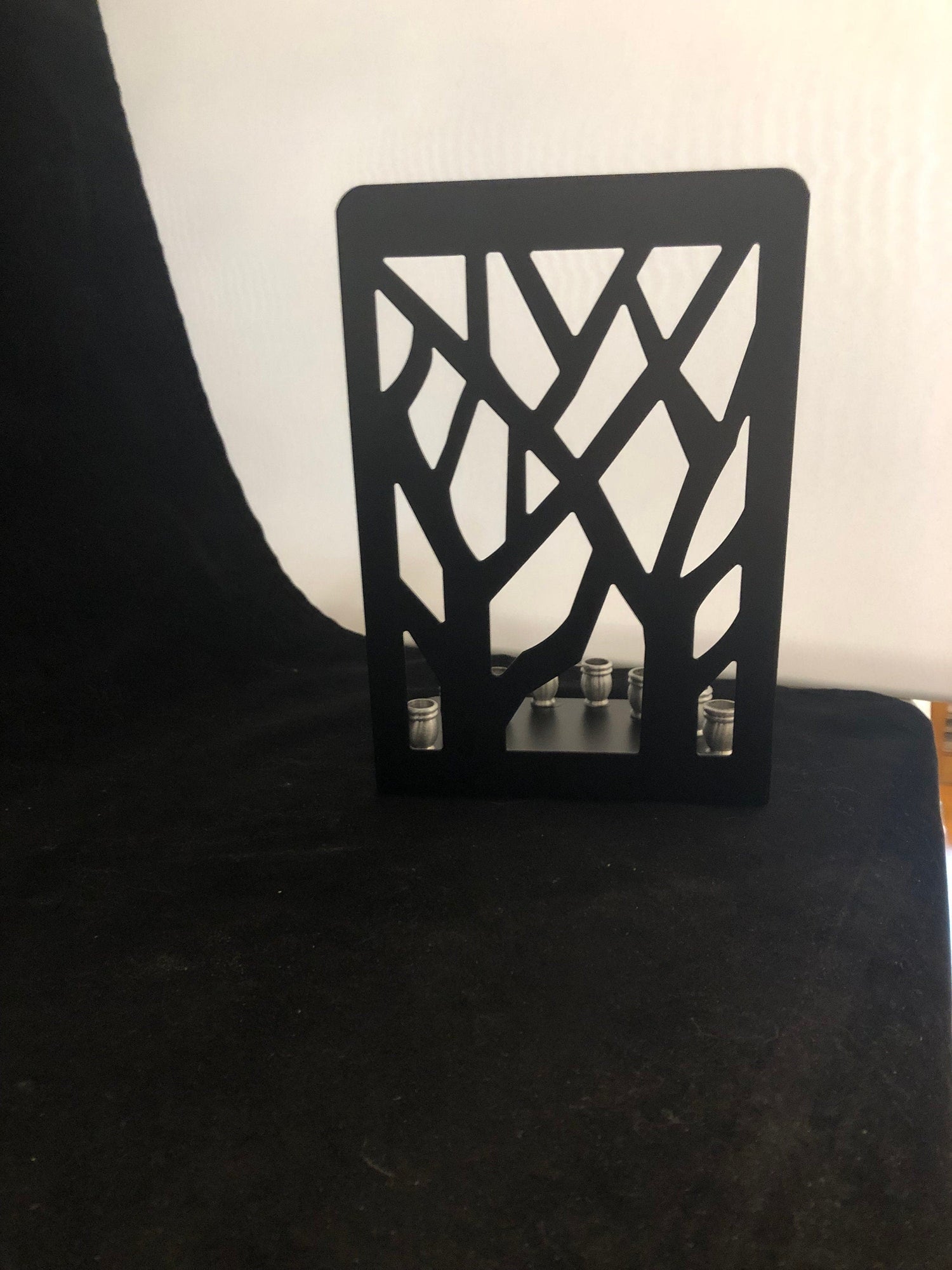 Tree Menorah — repurposed metal tree bookend with aluminum candle cups | Judaica Square Lakewood (view 3)