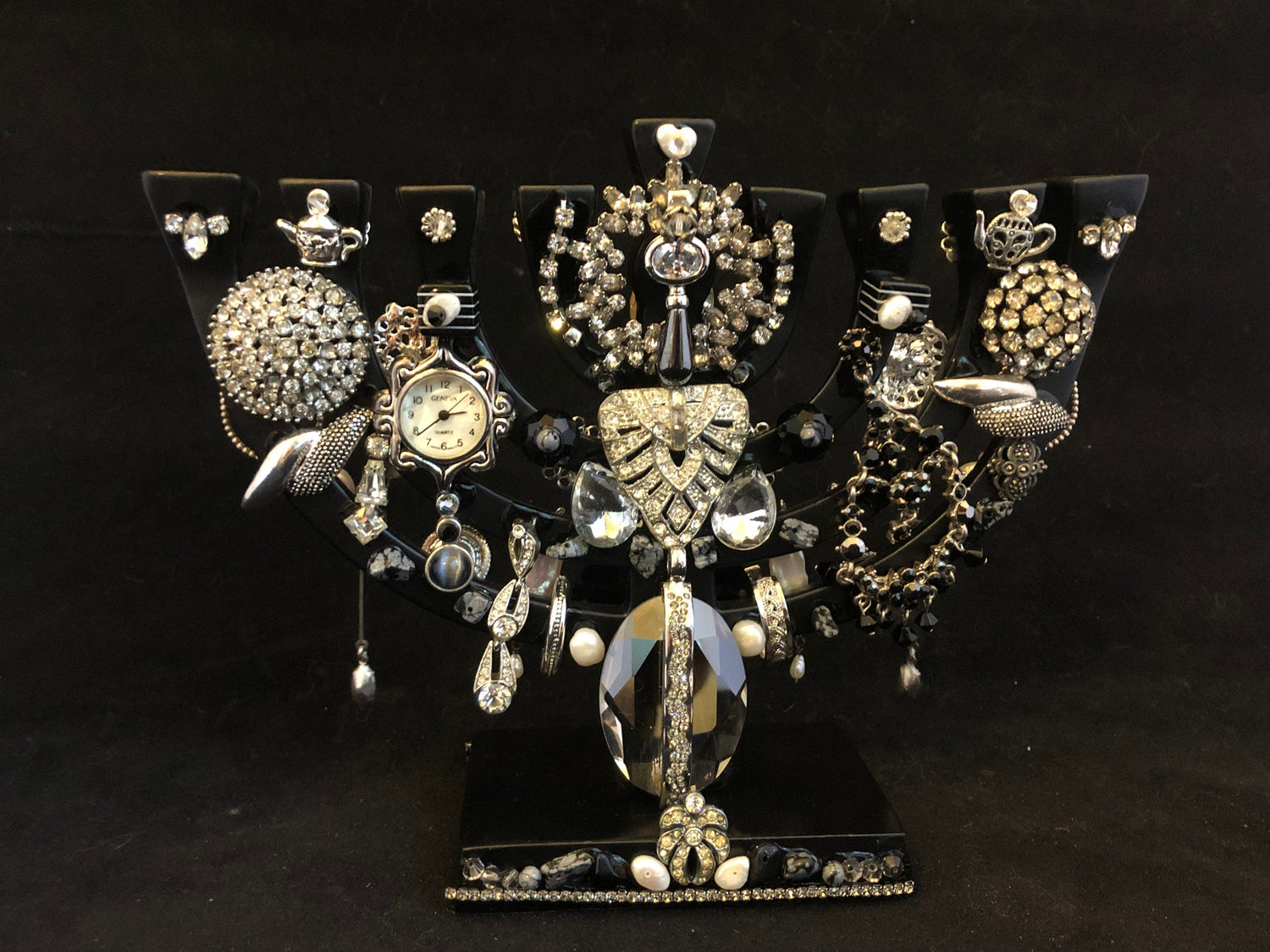 Vintage Bling menorah — brass figures covered in rhinestones and repurposed jewelry | Judaica Square Lakewood (view 2)
