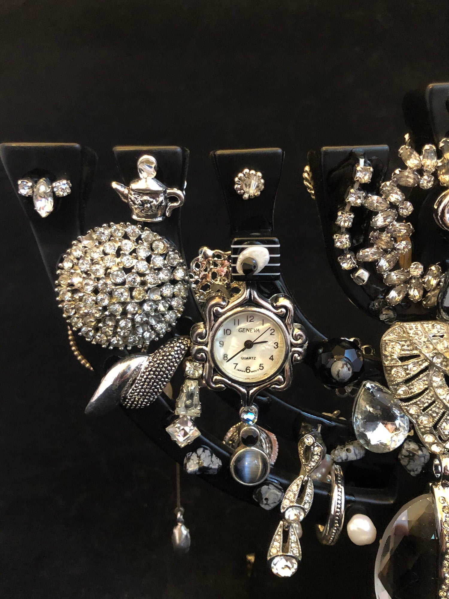 Vintage Bling menorah — brass figures covered in rhinestones and repurposed jewelry | Judaica Square Lakewood (view 4)