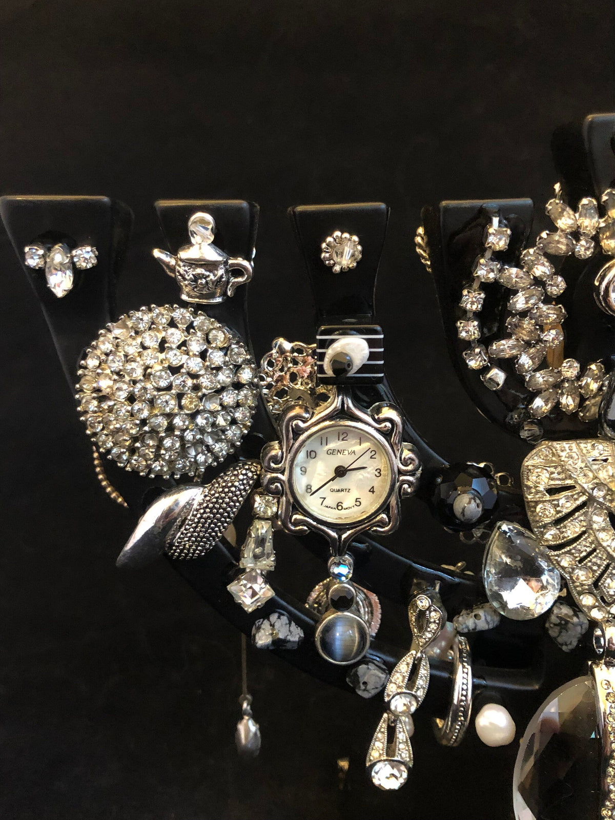 Vintage Bling menorah — brass figures covered in rhinestones and repurposed jewelry | Judaica Square Lakewood (view 4)