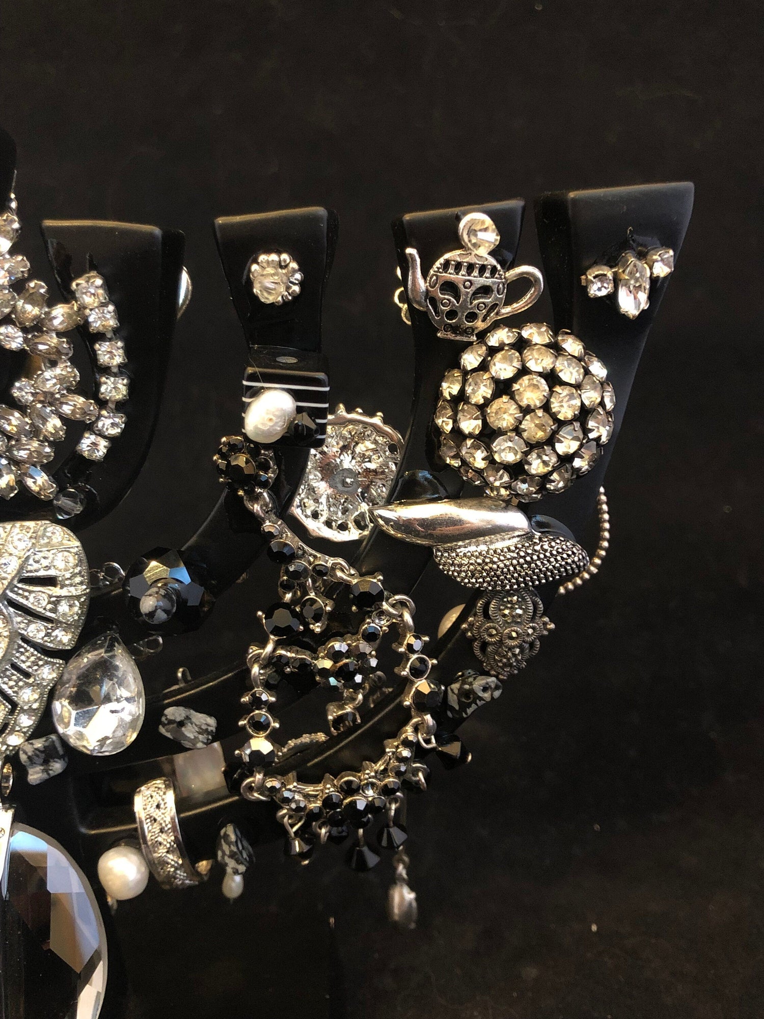 Vintage Bling menorah — brass figures covered in rhinestones and repurposed jewelry | Judaica Square Lakewood (view 5)