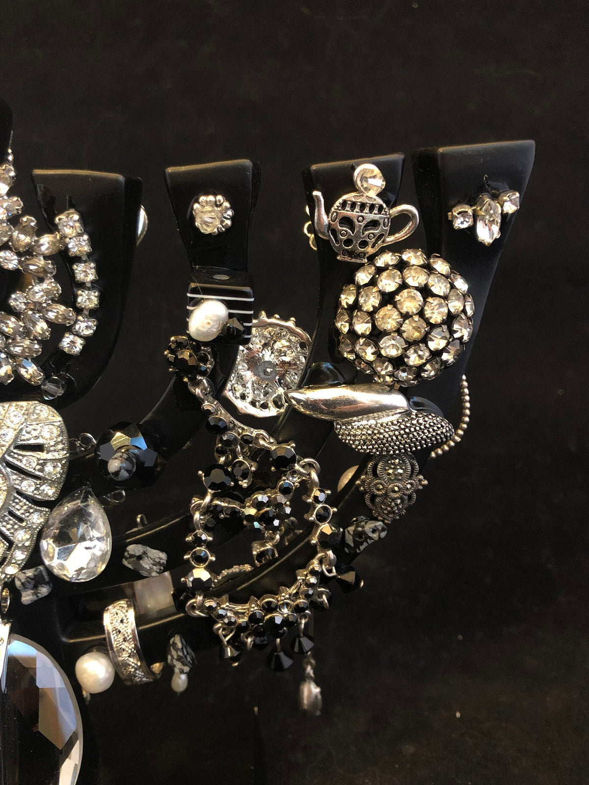 Vintage Bling menorah — brass figures covered in rhinestones and repurposed jewelry | Judaica Square Lakewood (view 5)