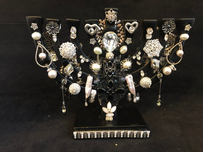 Vintage Bling menorah — brass figures covered in rhinestones and repurposed jewelry | Judaica Square Lakewood