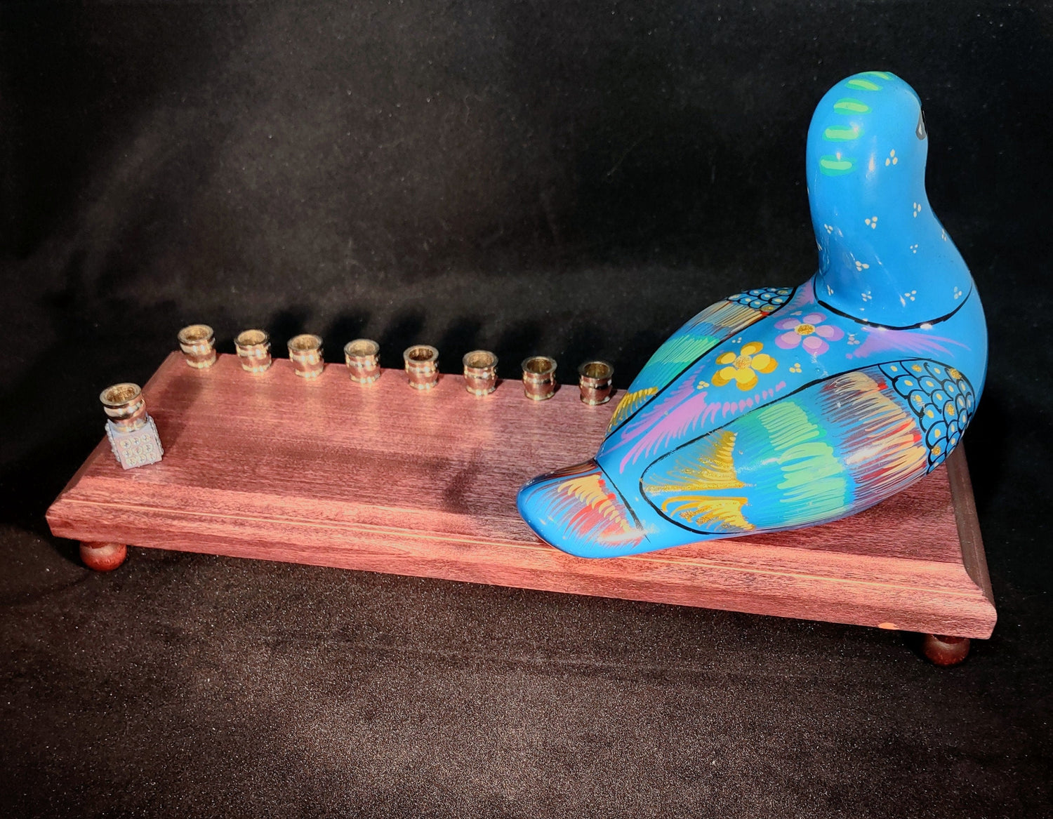 Blue bird menorah — vintage ceramic bird on stained wood base with nickel cups | Judaica Square Lakewood (view 3)