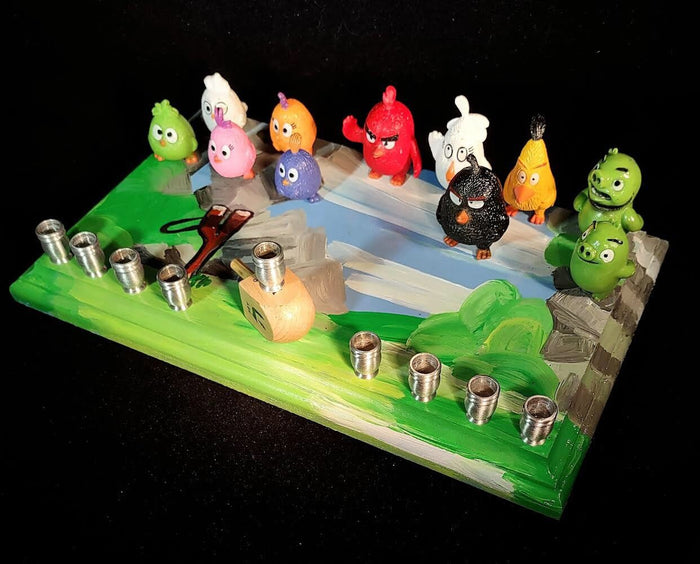 Angry Birds menorah — red and yellow bird figures on painted wood plaque | Judaica Square Lakewood