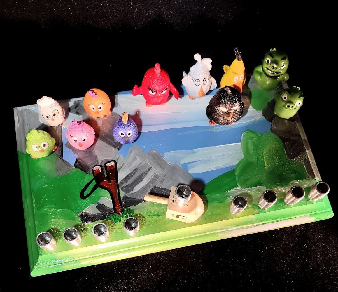 Angry Birds menorah — red and yellow bird figures on painted wood plaque | Judaica Square Lakewood (view 2)