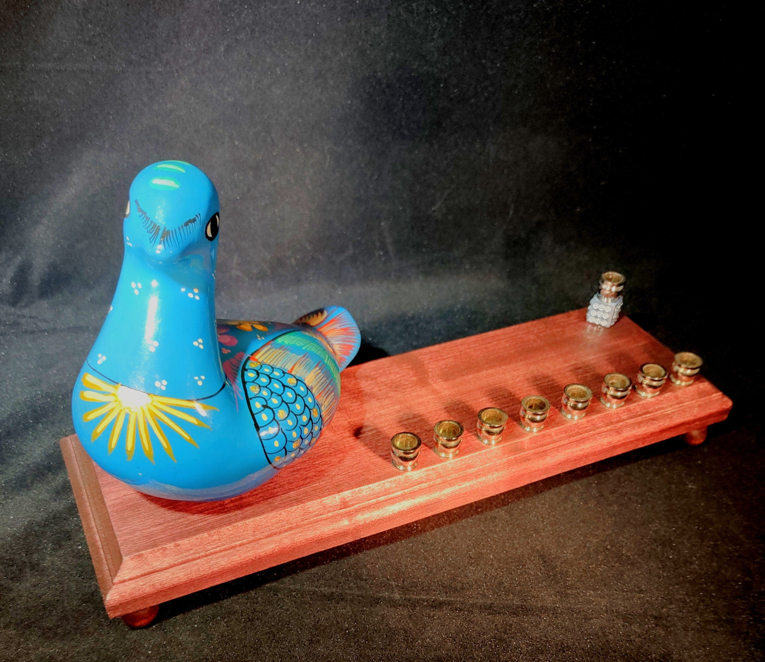 Blue bird menorah — vintage ceramic bird on stained wood base with nickel cups | Judaica Square Lakewood (view 2)