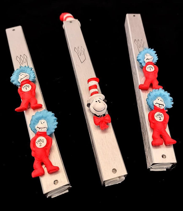 Cat in the Hat mezuzah case — silver frame with repurposed Dr. Seuss figure | Judaica Square Lakewood