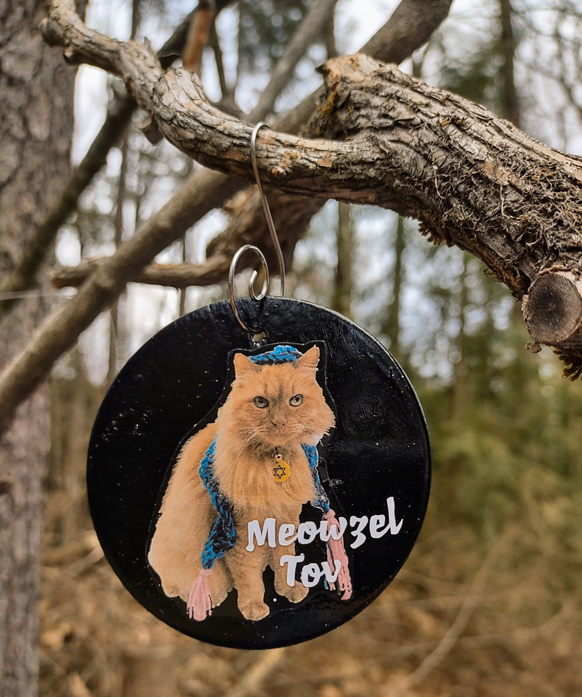 Wooden cat portrait ornament reading Meowzel Tov with wire hanger | Judaica Square Lakewood (view 2)