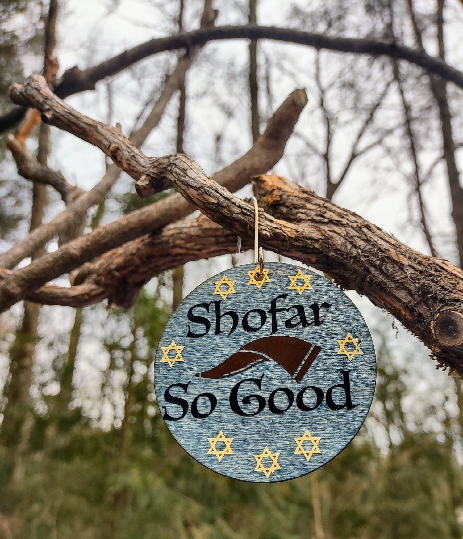 Wooden Shofar So Good pun ornament painted with beads and wire | Judaica Square Lakewood (view 9)