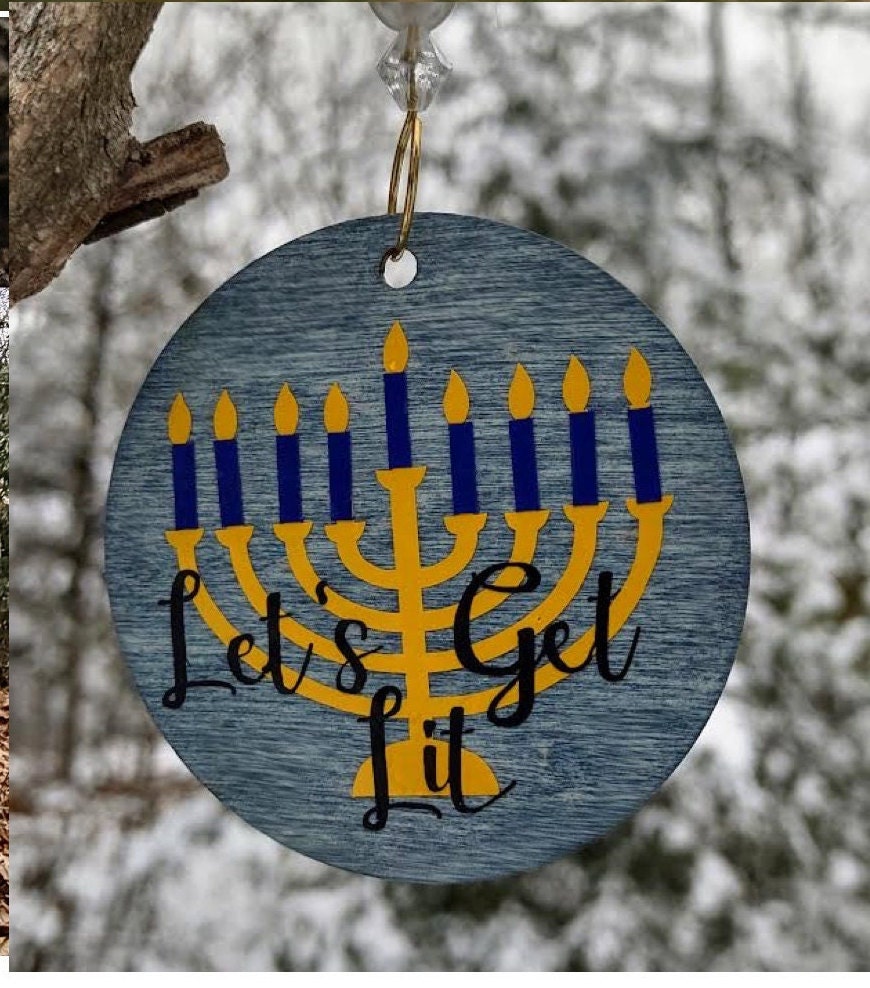 Let's Get Lit ornament — round stained wood disc with vinyl lettering and hanging hook | Judaica Square Lakewood (view 2)