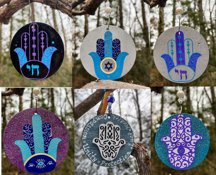Hand painted wooden hamsa ornament with glitter evil eye and beads | Judaica Square Lakewood