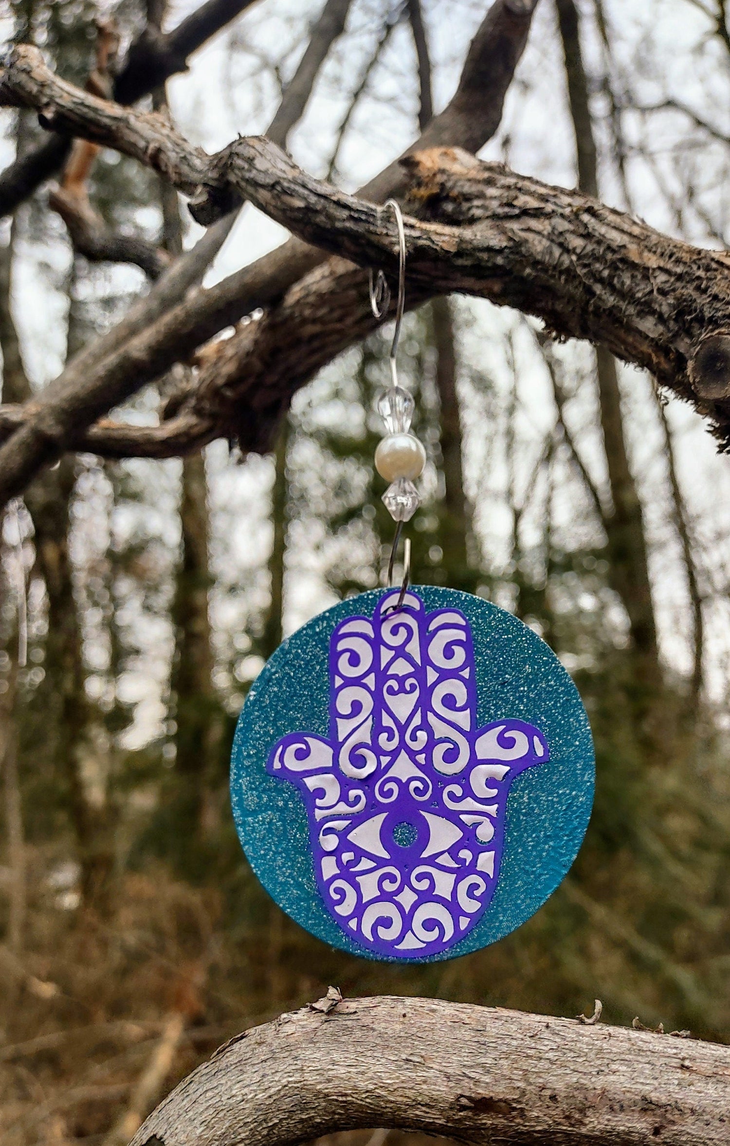 Hand painted wooden hamsa ornament with glitter evil eye and beads | Judaica Square Lakewood (view 5)