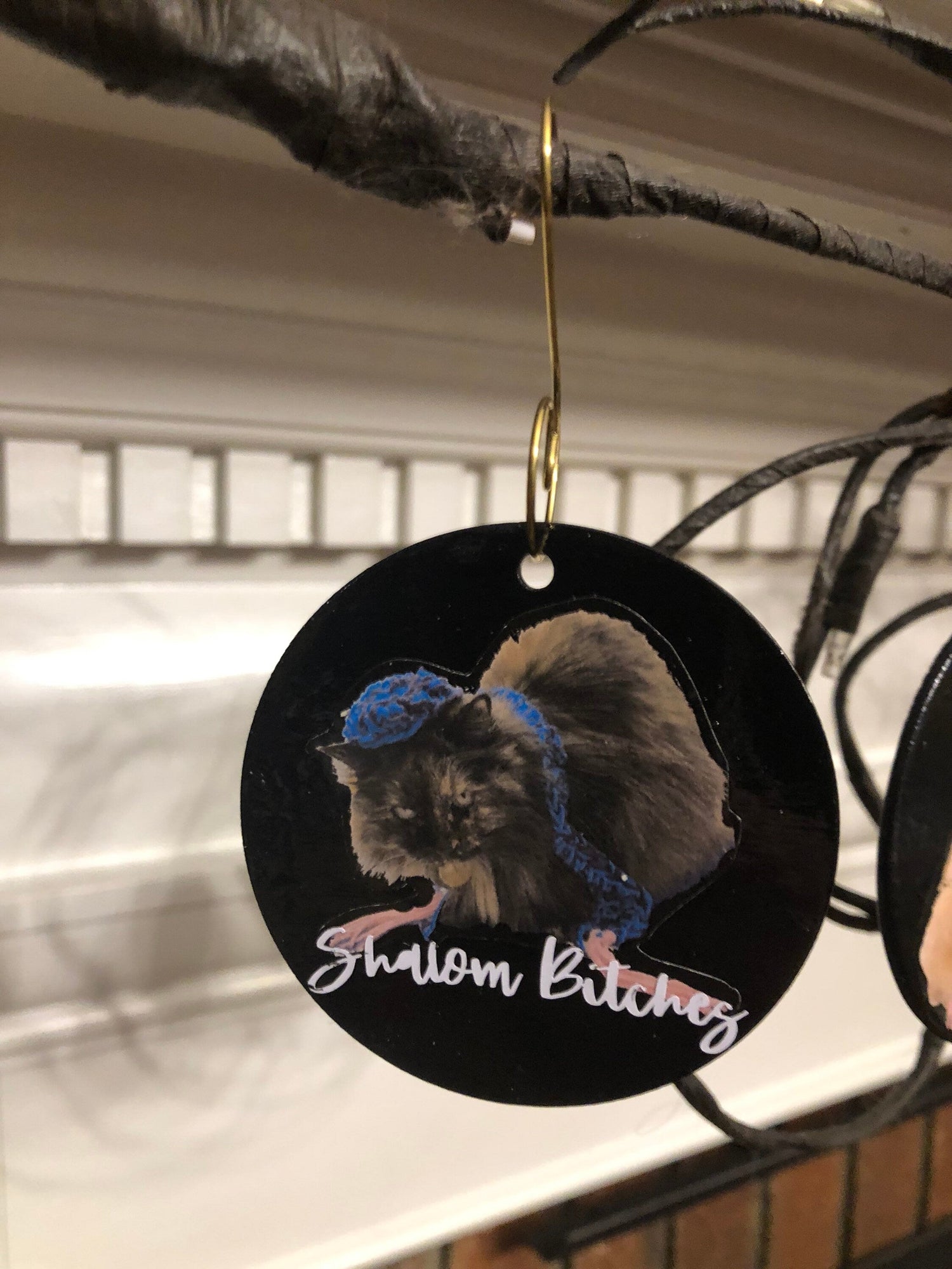 Wooden cat portrait ornament reading Meowzel Tov with wire hanger | Judaica Square Lakewood (view 5)